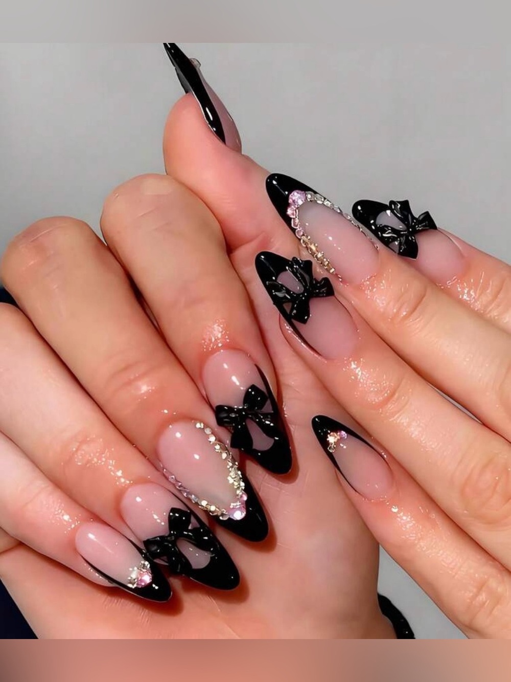 Black Bow Stiletto Nails with Rhinestone Accents Press On Nails…New